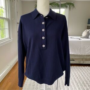 Boden Collared Jeweled Button Sweater Navy Blue 10 Cotton Wool Blend Jumper